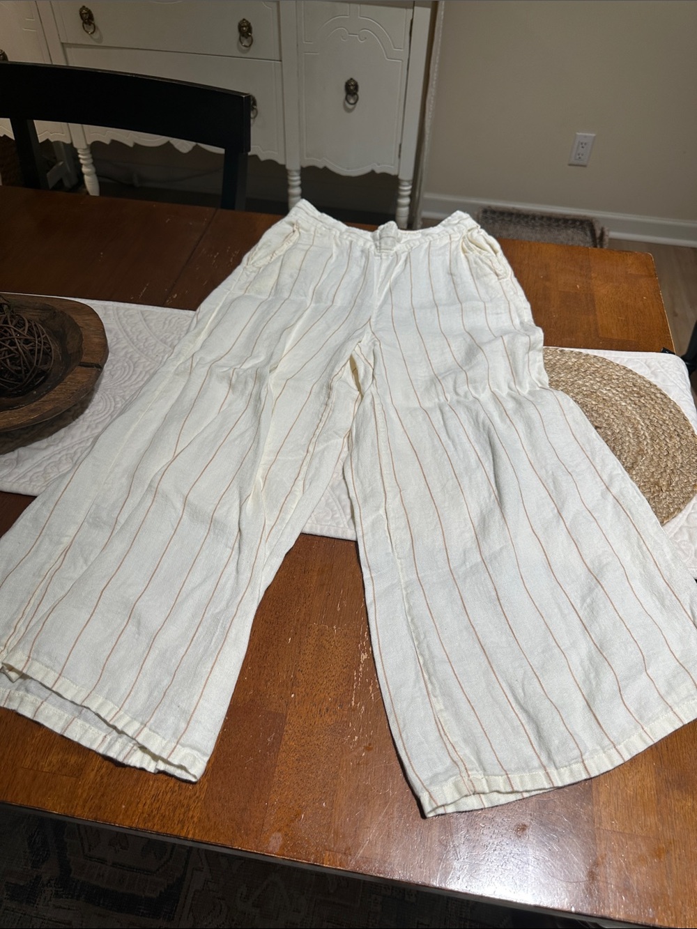 Cynthia Rowley Cream Linen Pants (wide leg crop) with Tan Pinstripes